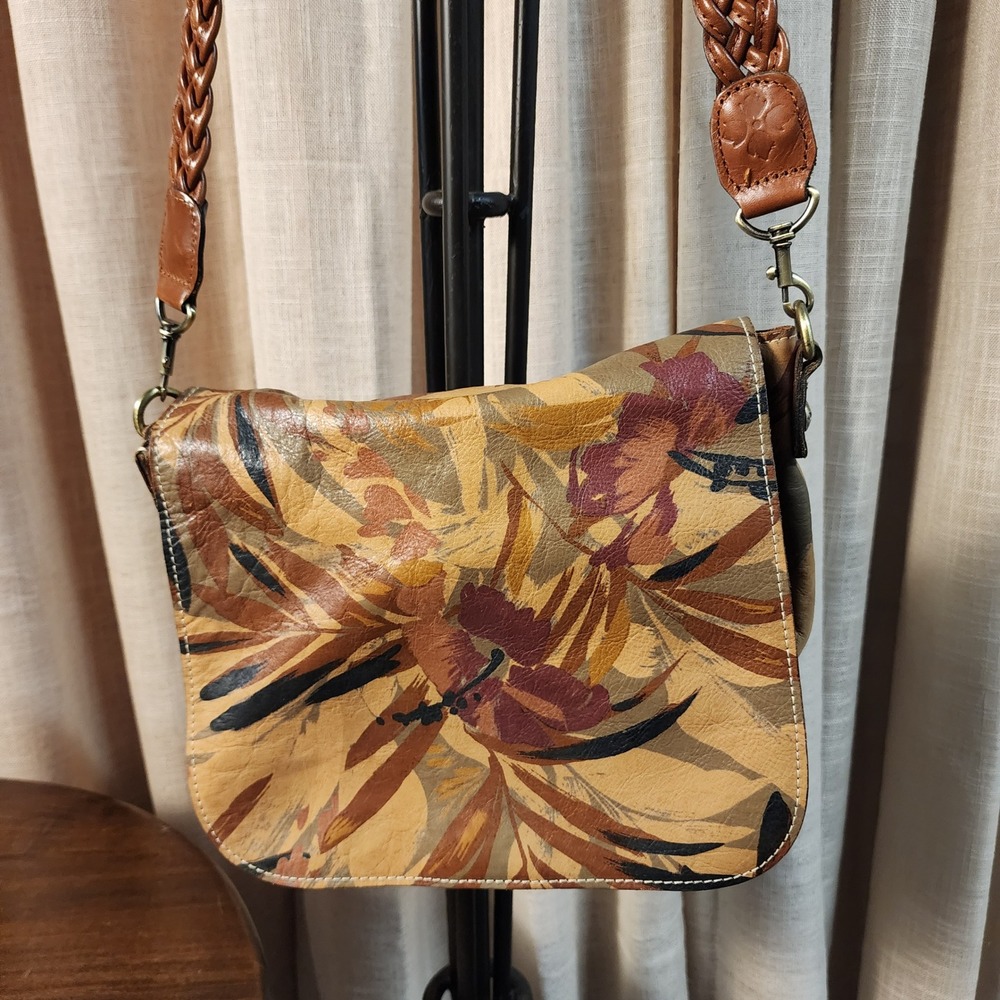 Patricia Nash Floral Leather Crossbody Bag Braided Strap Tropical Tan Brown